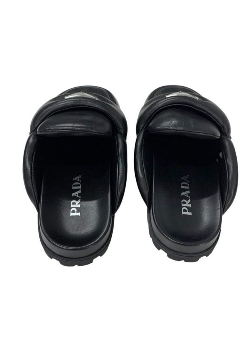 Prada Sandals Shoes Leather Black Triangle Logo Padded Nappa Sabot Mule - Picture 5 of 10